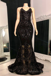 Gorgeous Halter V-Neck Sleeveless Mermaid Prom Dresses Sequins Long